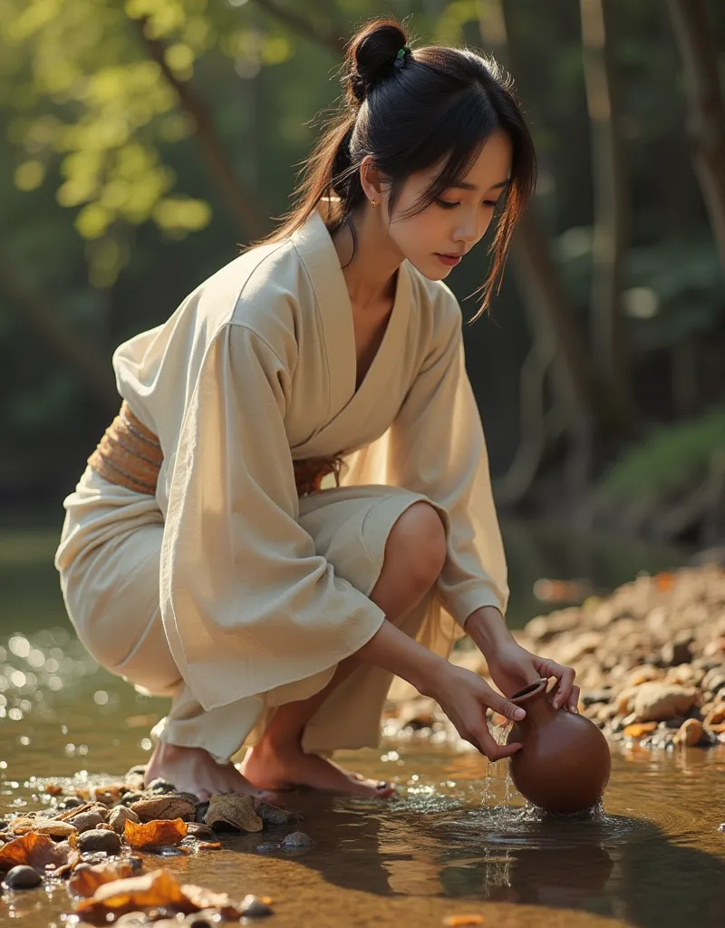 create a hyper-realistic oil painting of a strikingly beautiful east-asian woman drawing water from a river using a clay jug. sh...