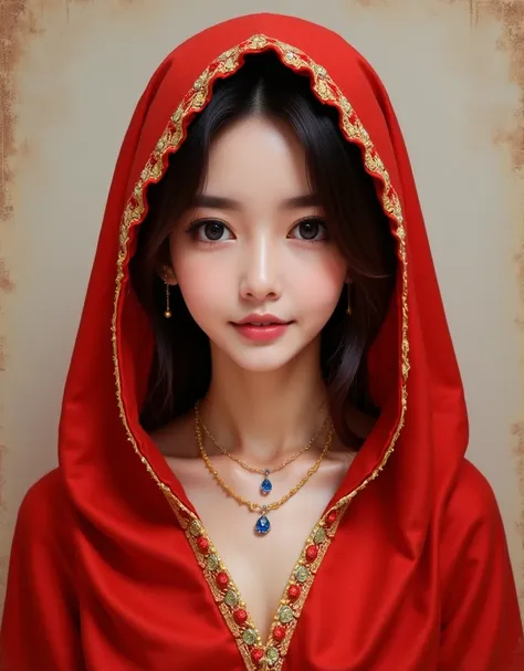 Professional oil portrait. Extremely detailed masterpiece. Half-length portrait of a beautiful East-Asian woman (18 years old) with her head covered by a red silk cape adorned with rich gold thread embroidery on its edges, in multiple layers. Her black, wa...