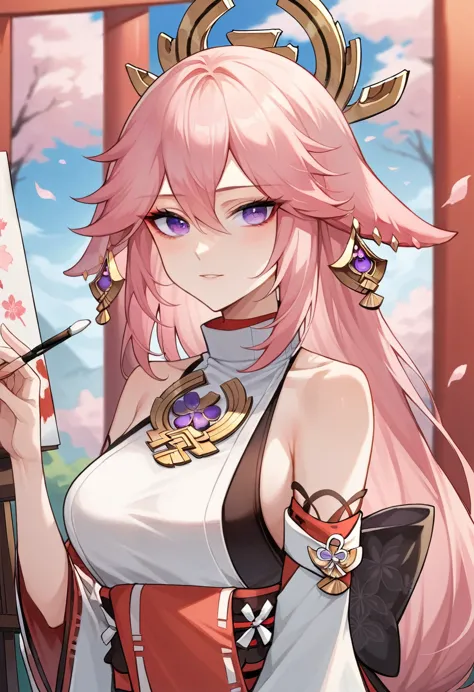  1 girl, (ulzzang-6500:0.7),  K-pop idol , Yae Miko, Sleeveless, Shoulder Bare,  Pink Hair, Long Hair,  kimono,  best quality , (Painting:1.5), ( Hair Ornament:1.35),  JEWELRY,  purple eyes,  earrings with cups, chest, torii,  cherry blossoms,   Lantern Lights ,  depth of field , Detailed face,  Face Focus 