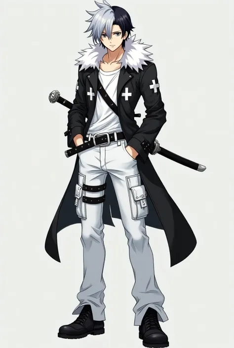 Create the male anime character from the anime Rave Master Horu Glory but his hair is changed with silver in the front and black in the back, he wears a black jacket, with a white fur collar, with white cross designs, over a white tea shirt, long white tro...