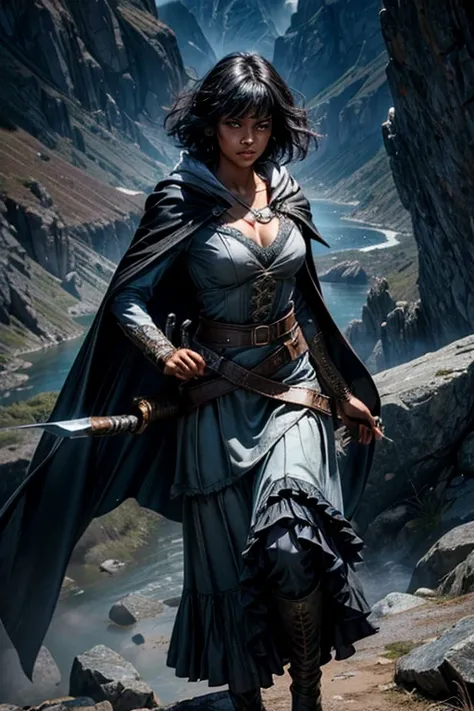 MariaCalavera, dark skin, black hair, short hair, silver eyes, dress, cleavage, cape, belts, hood, cowboy shot, (dynamic pose), sstanding on a mountain path, overlooking a river running through a valley, crowd in military uniform, (volumetric lighting), in...