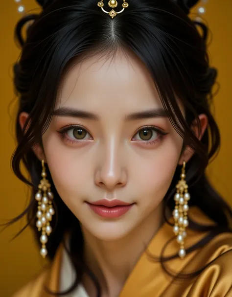 Generate a highly realistic, high-definition portrait of the face of a 17-year-old Asian girl, viewed from the front. Her hair is black and curly, with strikingly light green eyes. It is essential that her lips are thin and pale, and her skin is also pale ...