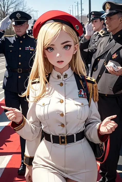 a beautiful blonde girl wearing a military outfit with a red military beret with an eagle on it , in military base with soldiers saluting behind her, high ranking female military officer, military badges and ribbons, Marshal rank, thick eyebrows, thick eye...