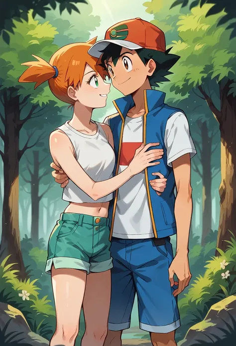 1boy, ash ketchum, black hair, brown eyes, hat, baseball cap, shirt, white shirt, t-shirt, jacket, sleeveless jacket, shorts, blue shorts 1girl, misty pokemon, orange hair, side ponytail, green eyes, white crop top, belly button, blue jeans shorts photogra...