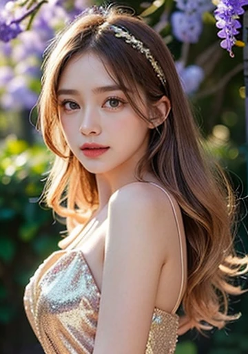 a beautiful young girl put in front of a blue jacaranda tree,   Detailed Facial Features ,  bright blue eyes ,  delicate pink lips ,  fluttering golden hair , Mysterious Aura, Quiet look,  dappled sunlight leaking through blue petals , Dark green vegetatio...