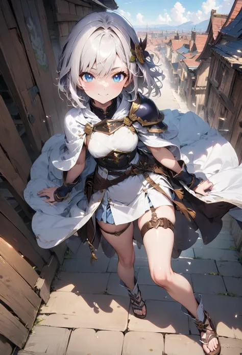 (masterpiece),(best quality),(ultra-detailed),(best illustration),(best shadow),(absurdres),(detailed background), 1girl, blue-eyes, solo, white-armor, short-hair, hair-ornament, sandals, ((white-hair)), simple-background, white-dress, belt, shoulder-pads,...