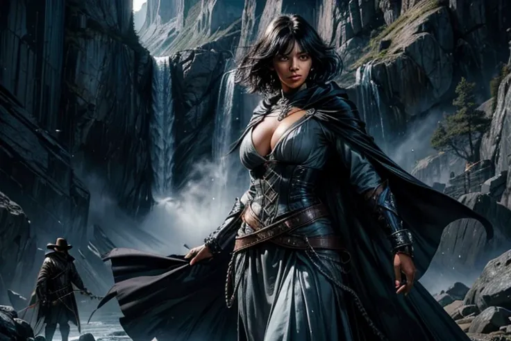 MariaCalavera, dark skin, black hair, short hair, silver eyes, dress, cleavage, cape, belts, hood, cowboy shot, (dynamic pose), standing in a valley, waterfall in the distance, crowd in military uniform, (volumetric lighting), intricate details, tonemappin...