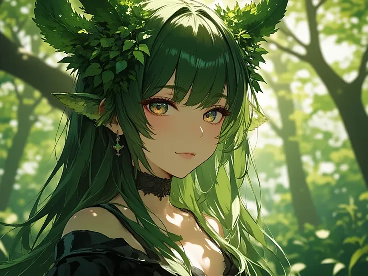 a green-haired and brown-eyed plant ,  plant-plant ,  dryad of the forest ,  in front of a large, beautiful tree , semi-new, ver...