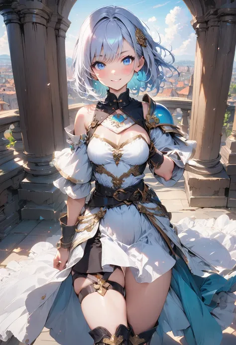 (masterpiece),(best quality),(ultra-detailed),(best illustration),(best shadow),(absurdres),(detailed background), 1girl, blue-eyes, solo, white-armor, short-hair, hair-ornament, sandals, ((white-hair)), simple-background, white-dress, belt, white-shoulder...