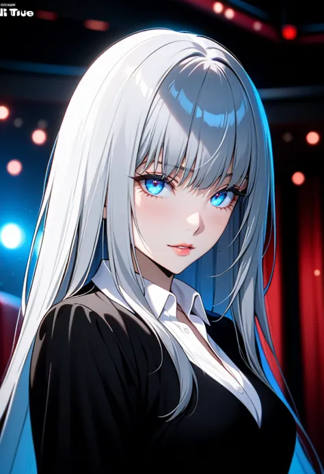 of a pretty girl with long gray straight hair ,  contrasting eyes with bright blue and red., slim figure,  wearing a black dress...