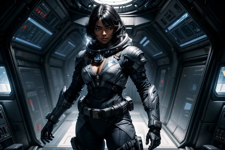 MariaCalavera, dark skin, black hair, short hair, silver eyes, cleavage, space suit, belts, hood, cowboy shot, (dynamic pose), standing in a space station, orbiting planet, large window overlooking planet, glass walls, crowd in military uniform, (volumetri...