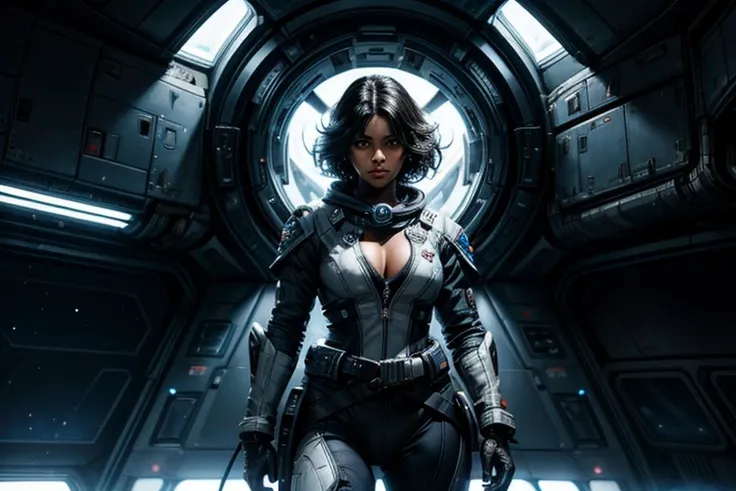 MariaCalavera, dark skin, black hair, short hair, silver eyes, cleavage, space suit, belts, hood, cowboy shot, (dynamic pose), standing in a space station, orbiting planet, large window overlooking planet, glass walls, crowd in military uniform, (volumetri...