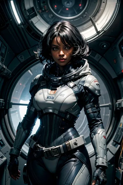 MariaCalavera, dark skin, black hair, short hair, silver eyes, cleavage, space suit, belts, hood, cowboy shot, (dynamic pose), standing in a space station, orbiting planet, large window overlooking planet, glass walls, crowd in military uniform, (volumetri...