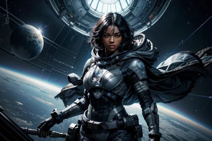 MariaCalavera, dark skin, black hair, short hair, silver eyes, cleavage, space suit, belts, hood, cowboy shot, (dynamic pose), standing in a space station, orbiting planet, large window overlooking planet, glass walls, crowd, (volumetric lighting), intrica...