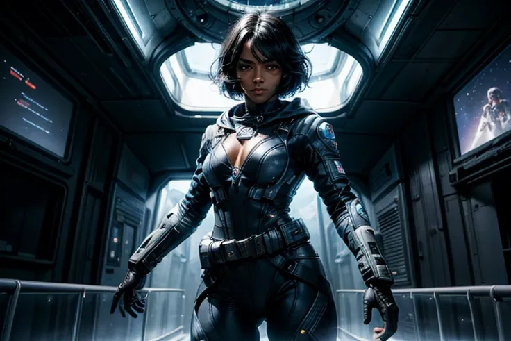 MariaCalavera, dark skin, black hair, short hair, silver eyes, cleavage, space suit, belts, hood, cowboy shot, (dynamic pose), standing in a space station, orbiting planet, large window overlooking planet, glass walls, viewing screens, crowd, (volumetric l...