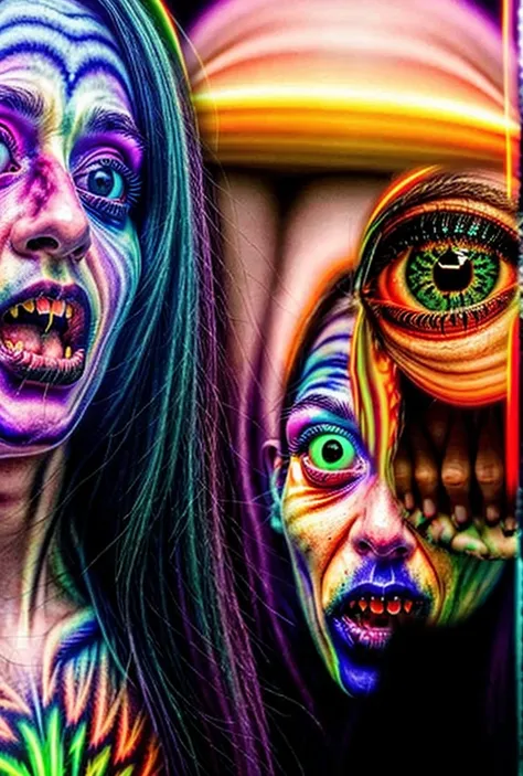 Warp these images through a kaleidoscope and project that image back at the viewer × 9 with multiple warped funhouse type mirrors that show demons faces reflecting everywhere coming out everything including the humans face × 3. Super bright neon colored Li...