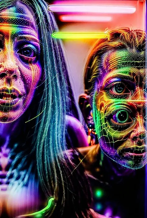 Warp these images through a kaleidoscope and project that image back at the viewer × 9 with multiple warped funhouse type mirrors that show demons faces reflecting everywhere coming out everything including the humans face × 3. Super bright neon colored Li...