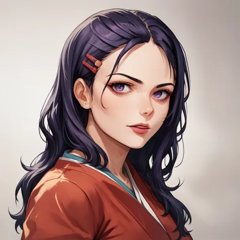 1 girl, 2D Anime, light skin,  dark purple hair ,young woman, portrait,  beautiful eyes,  small hair clips hold hair locks, bright red kimono , cinematic, cinematic shot in front of the viewer, hair on eyes, predatory look, fighting look,  long hair , 