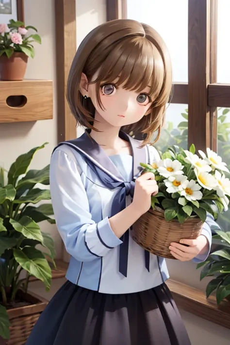 woman in light-colored casual clothes ,  holding a basket with flowers in her hand . chic, soft atmosphere. soft light.  cafe wi...