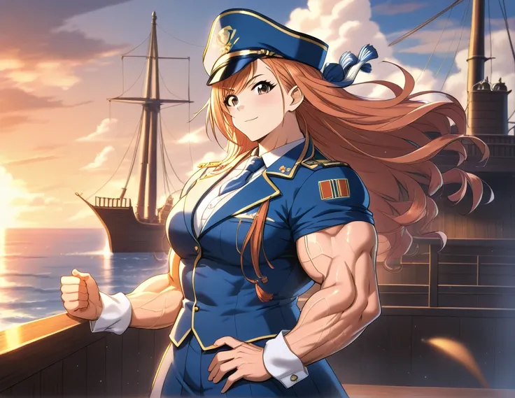 pirate captain on the high seas, a muscular woman stands confidently on the deck of a pirate ship, dressed in weathered leather ...