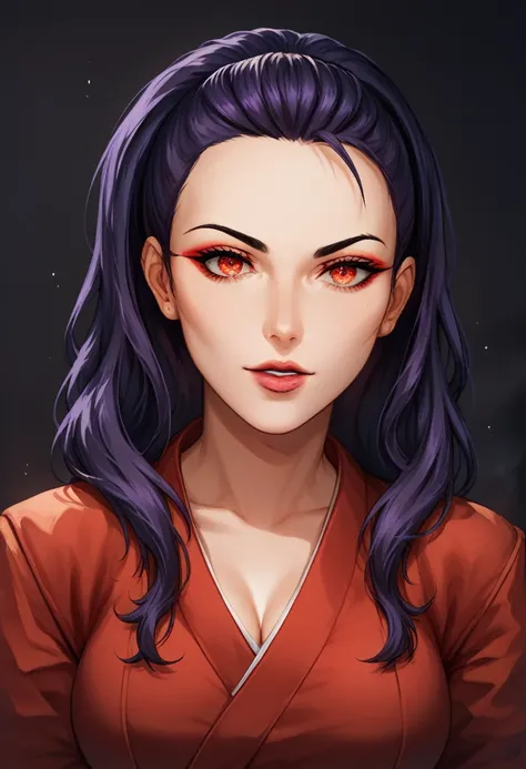 1 girl, 2D Anime, light skin,  dark purple hair ,young woman, portrait,  beautiful eyes,  hair rises on the barrette ,  neon bright red kimono , cinematic,  cinematic shot in front of the viewer, hair on eyes, predatory look, fighting look,  long hair , re...