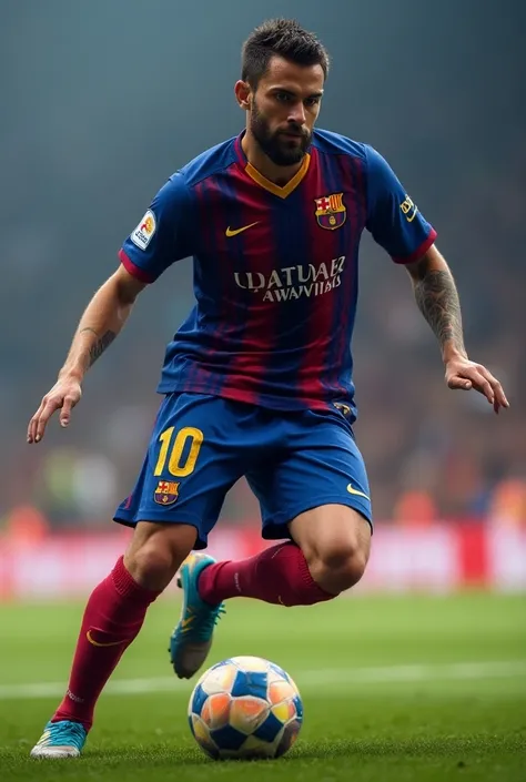 Create an image of a soccer player wearing Football Club Barcelonas number 10 jersey with the name JOEL C.S.