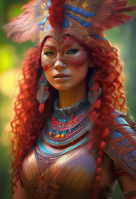 girl shaman, wearing wooden mask,very detailed portrait, standing in s-shape pose, red curly hair,sexy revealing outfit,best quality,4k,8k,highres,masterpiece,ultra-detailed,realistic,photorealistic,photo-realistic,HDR,UHD,studio lighting,ultra-fine painti...