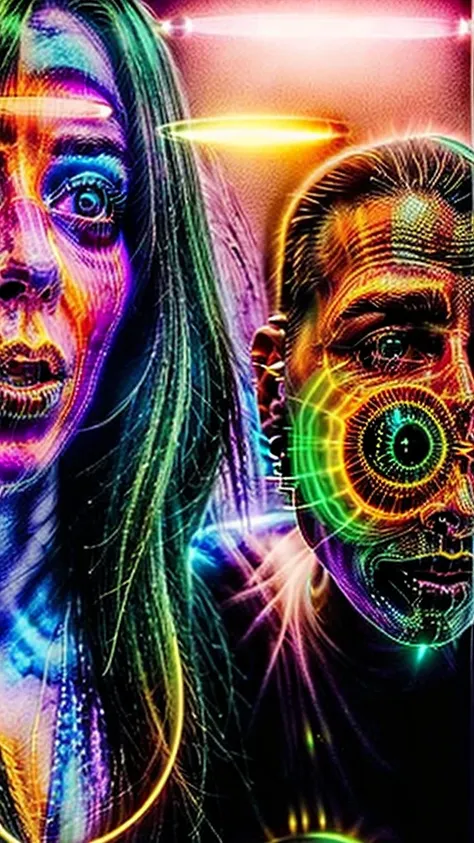 Warp these images through a kaleidoscope and project that image back at the viewer × 9 with multiple warped funhouse type mirrors that show demons faces reflecting everywhere coming out everything including the humans face × 3. Super bright neon colored Li...