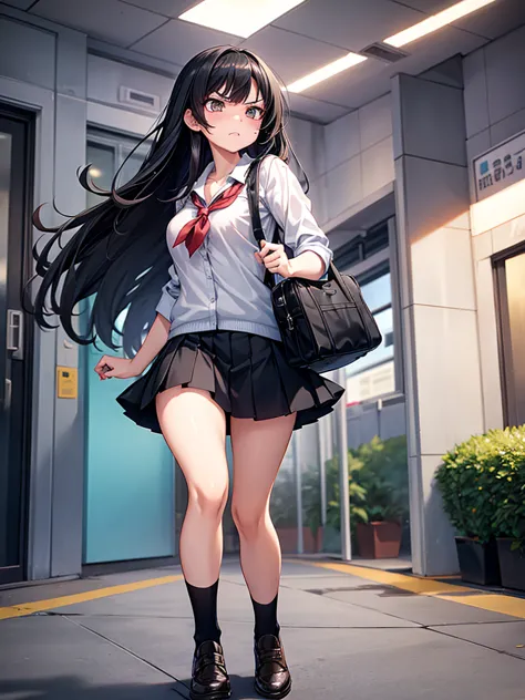 at school, a girl, frontal, long black hair, black short skirt, bag, angry, abusive, super detailed, 4k