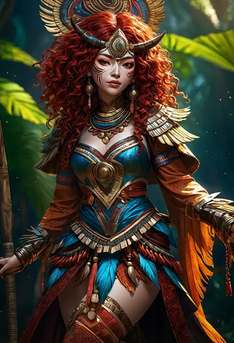 girl shaman, wearing wooden mask,very detailed portrait, standing in s-shape pose, red curly hair,sexy revealing outfit,best quality,4k,8k,highres,masterpiece,ultra-detailed,realistic,photorealistic,photo-realistic,HDR,UHD,studio lighting,ultra-fine painti...