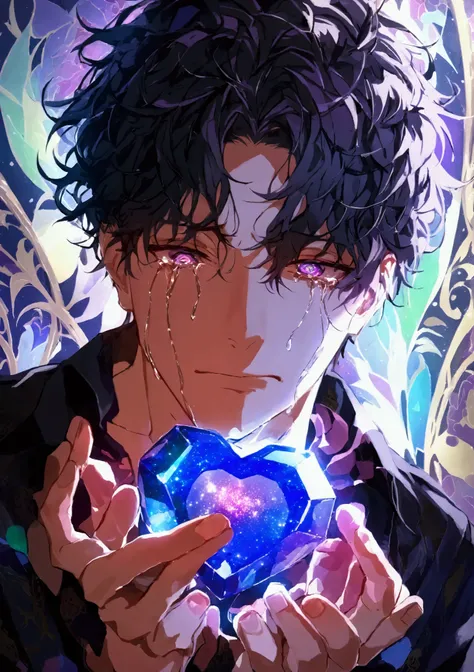 (solo), (1 male), handsome man, black hair with purple highlights, short hair, messy hair, downcast face, (crying expression), (holding a glowing jewel heart in both hands), ((masterpiece)), (kaleidoscope background: 1.3), (stylish), dynamic angle, (detail...