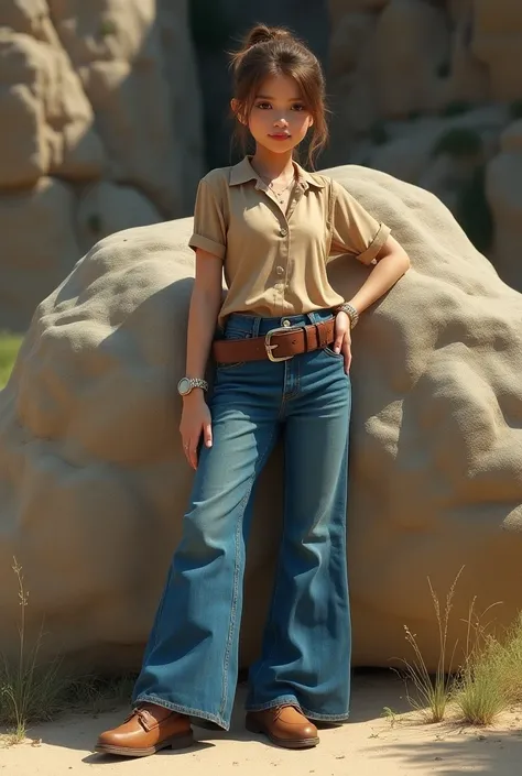 A cute beautiful girl dazzles hair tie top neat mamaki watch accessories right color light brown shirt shirt color brown long jeans blue belt brown shoes blue again standing full body behind a boulder rock cliff background