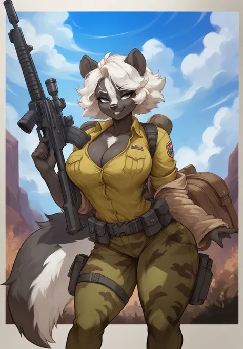 (masterpiece, Modern Warfare anthropomorphic anime style, creative art), A mercenary sniper skunk goddess, short messy white hair with distinct black and white stripes, tactical sniper gear, camouflage clothing, sharp sniper rifle, plush tail), large breas...