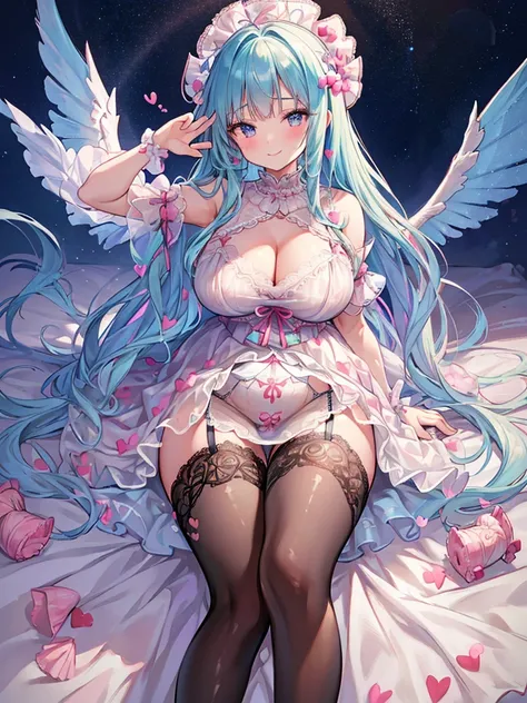 8k、 best quality 、  Maximum Clarity and Clarity  、  very detailed  、Beautiful art、  very detailed 、 textured skin、 A kind smile、Maternal、  plump ass  、trembling、Erotic face、see-through clothing 、Large Breasts、(((  Luxurious Ruffles and Delicate Embroidered...