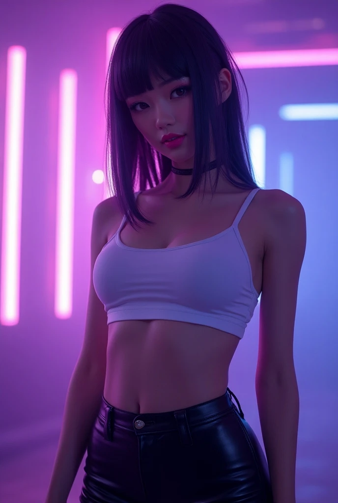  This is Ahri in her KDA style. She has sleek, straight hair with a blunt fringe framing her face, giving her a modern and elegant look. She’s dressed in a fitted white crop top, paired with high-waisted black leather leggings that accentuate her figure. H...