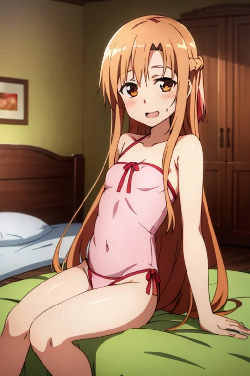 ((Best Quality)), ((masterpiece)), (be familiar with),  perfect face, indoor, bedroom,  is watching viewers,
One woman, Yuuki Asuna,
 open mouth , Ecstatic expression, blush, smile,
Small breasts,  flat chest, , , child, Girl,
Long Hair,  long hair,
Leg sp...