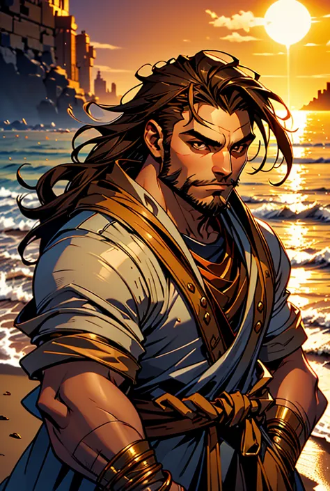 sunset on the beach, in this one you can find a 27-year-old man with brown hair, brown eyes, light beard, slim physical build go...