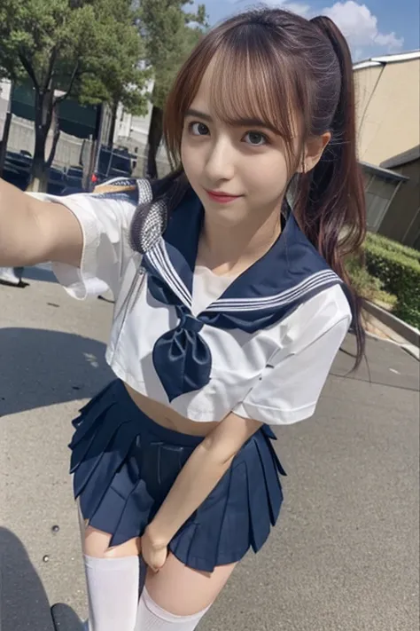 ( anatomically correct),female high school student in sapporo  (short-sleeved sailor uniform,  very short dark blue skirt ,), bi...