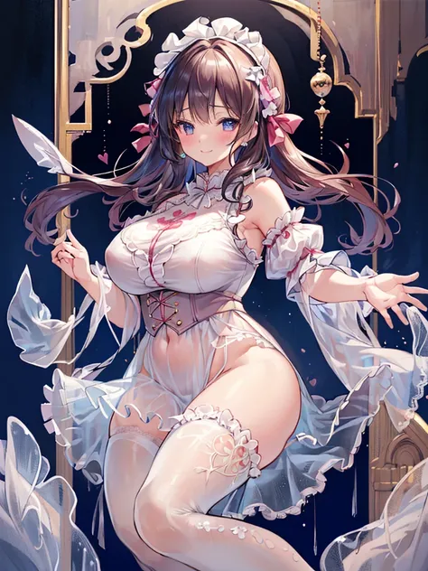 8k、 best quality 、  Maximum Clarity and Clarity  、  very detailed  、Beautiful art、  very detailed 、 textured skin、 A kind smile、Maternal、  plump ass  、trembling、Erotic face、see-through clothing 、Large Breasts、(((  Luxurious Ruffles and Delicate Embroidered...