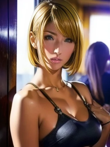 raw image quality, realistic,  kampala, 1 female, , blonde, straight short bob hair , ribbon, alone,  sexy, hip up,  viewer, (de...