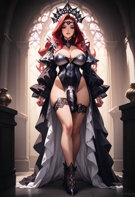 a sexy witch futanari with a voluptuous venus-like figure, huge breasts, full-body view, long red hair, long legs, detailed faci...