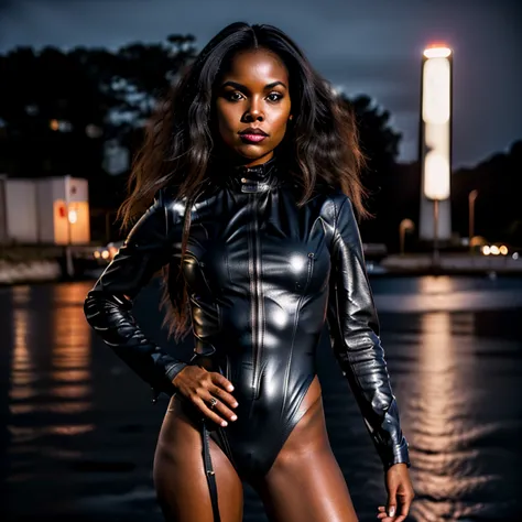 woman in black leather clothing posing with guitar and amplifier, photo from a photo session promocional, ebony skin, promotiona...