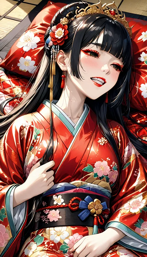 Birth ceremony 、Japanese princess from the Sengoku period 、 wearing beautiful makeup 、Red lipstick、open vagina、　 lying on a shiny vinyl quilt.、 Beautiful Chinese princess with long black straight hair  、hime_cut、 beautiful Japanese princess from Blunt Bang...