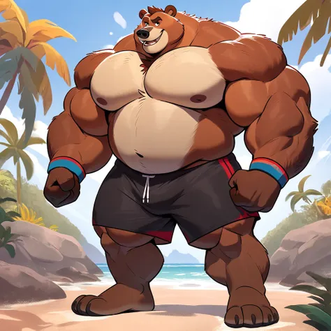 huge muscular kodiak bear in tropical island beach, big grunting expression growl, kodiak bear, huge brown fur, thick arm, huge ...