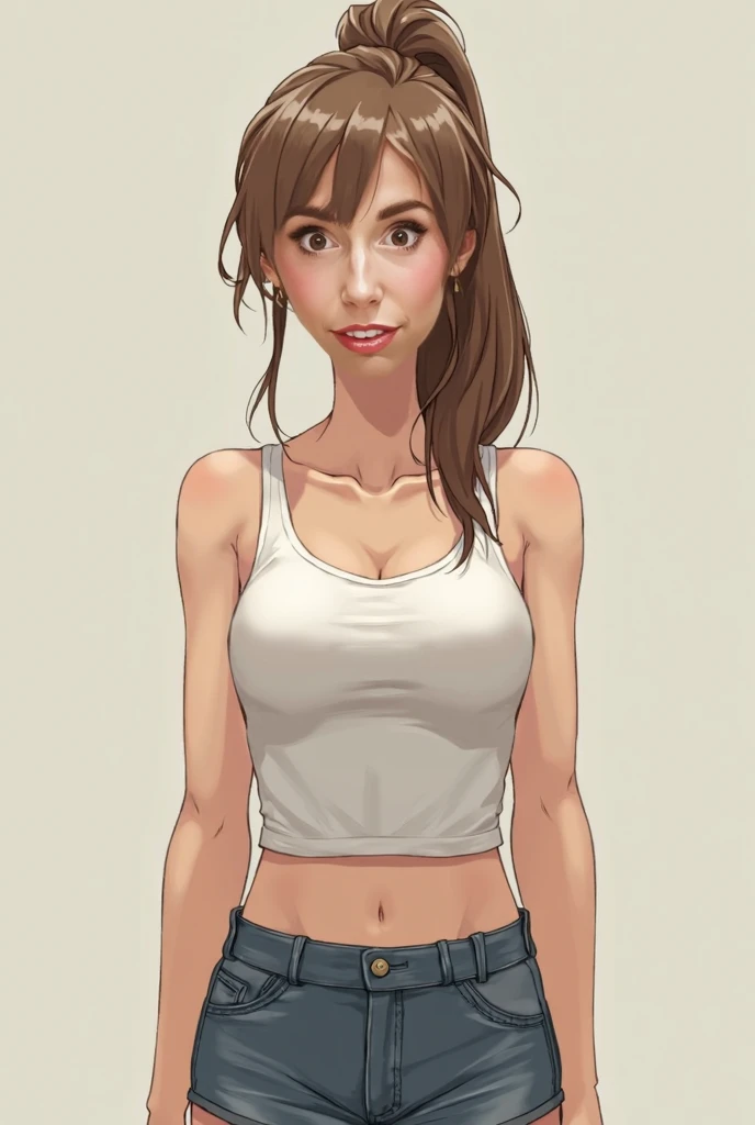 1girl, (bags under eyes:1.5), light brown long hair, top ponytail, white bodyfitted singlet, short jeans