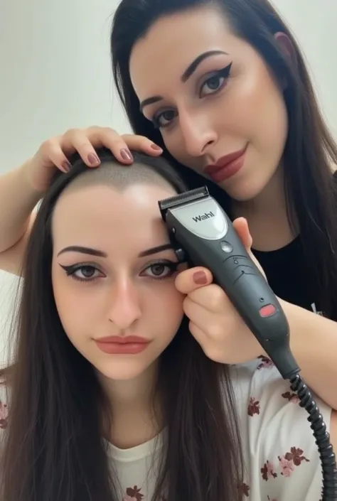 Real photograph of two curvy beautiful young women, (one currently razor shaving the others head bald). ((((first woman is hairless, the skin on her head is pale and smooth)))). (((first woman bald head))). (((she is holding "Wahl" hair clippers which are ...