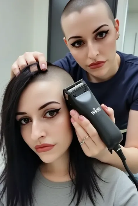 Real photograph of two curvy beautiful young women, (one currently razor shaving the others head bald). ((((first woman is hairless, the skin on her head is pale and smooth)))). (((first woman bald head))). (((she is holding "Wahl" hair clippers which are ...