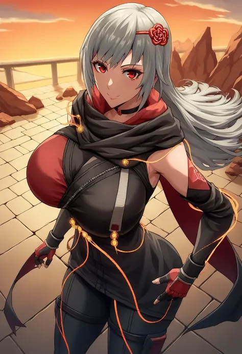 score_9, score_8_above, score_7_above, source_  animated, BREAK 1girl,   Looking at the viewer , smile,   hand on the hip, DefKasane  , long hair,   hair ornament  , choker, black jacket, Huge Breasts Huge Black Scarf  , red cape,  Separate sleeves , cable...