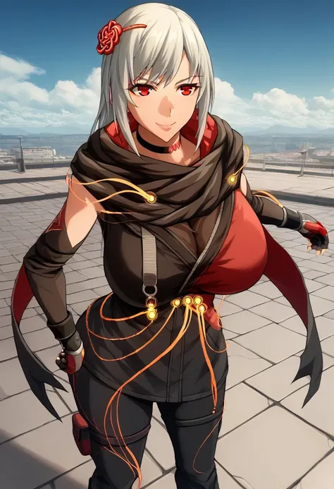 score_9, score_8_above, score_7_above, source_  animated, BREAK 1girl,   Looking at the viewer , smile,   hand on the hip, DefKasane  , long hair,   hair ornament  , choker, black jacket, Huge Breasts Huge Black Scarf  , red cape,  Separate sleeves , cable...