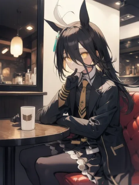 a man sitting alone in a manhattan cafe, expressionless, ahoge, black jacket, shirt, tie, black gloves, skirt, pantyhose, single...